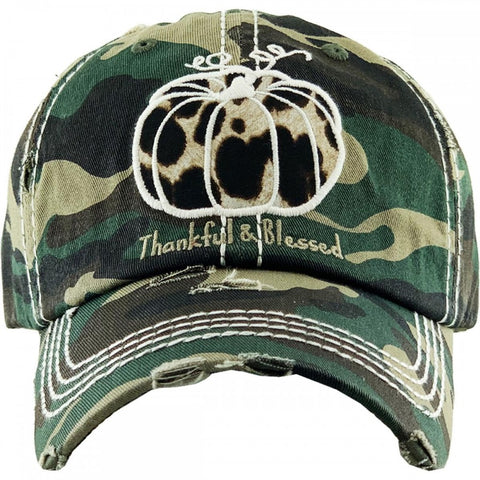 "Thankful & Blessed" Cheetah Pumpkin Embroidered Vintage Distressed Baseball Cap