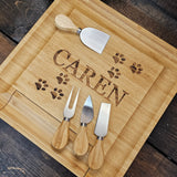 Paw Prints Bamboo Charcuterie Cheese Board and Knife Set