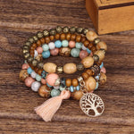 Teal & Peach Wood Bead Tree Of Life 4 Strand Stretch Bracelet