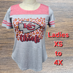 Kansas City Chiefs Cheetah Print Heather Dark Grey or Heather Red Accent Ladies Scoop Neck