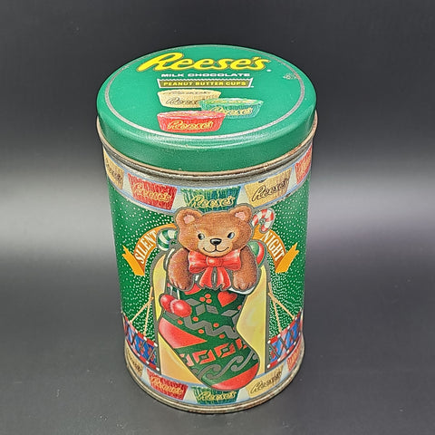 Vintage 1990 Reese's Peanut Butter Cups Tin, Christmas Stocking Teddy Bear Tin