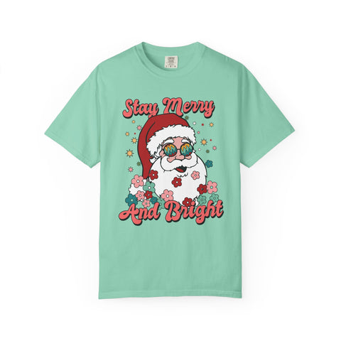 Stay Merry And Bright Santa Tee — Retro Floral Christmas T-Shirt