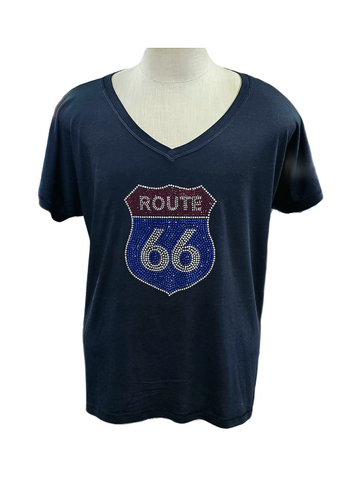 Route 66 Shield Rhinestone V-Neck