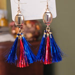 Gold Tone Football Drop Earring With RED & BLUE Metallic Tassel Dangles