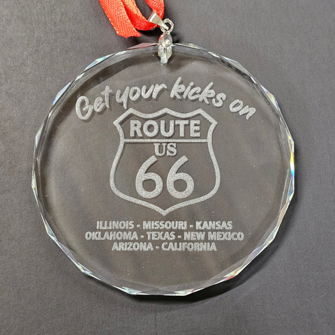 ROUTE 66 Christmas Engraved Beleveled Glass Ornament 3"