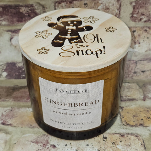 Gingerbread 3 wick Soy Candle with "OH Snap Gingerbread Man" Engraved on Lid 26oz