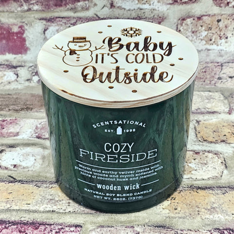 Cozy Fireside 2 woodwick Soy Candle with "Baby It's Cold Outside" Engraved on lid 26oz