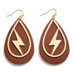 Brown Leather Statement Earring With Lightning Bolt Overlay