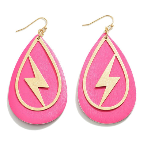 Pink Leather Statement Earring With Lightning Bolt Overlay