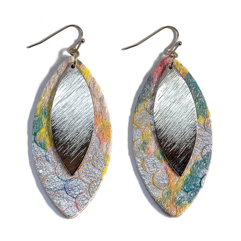 Pastel Silver Layered Leather Feather Drop Earrings With Metallic Accent