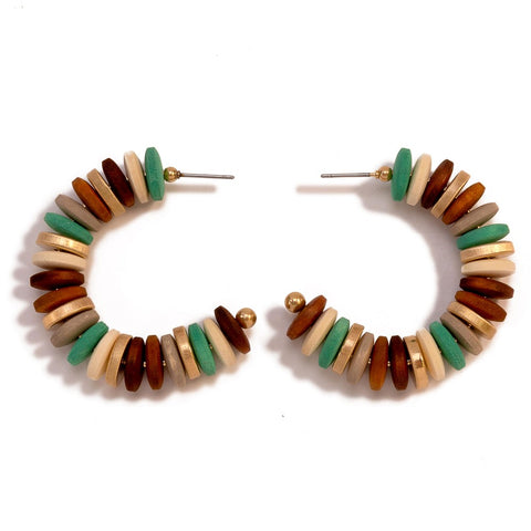 Chunky Teal Multi-color Tone and Wood Beaded Hoop Earring