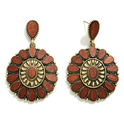 Western Teardrop earring with Dark Brown Wood and Gold Metal Accents