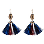 Gold Tone Football Drop Earring With RED & BLUE Metallic Tassel Dangles