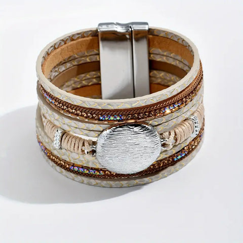 Cream Medallion Ultra Wide Multi-layer Magnetic Closure Bracelet