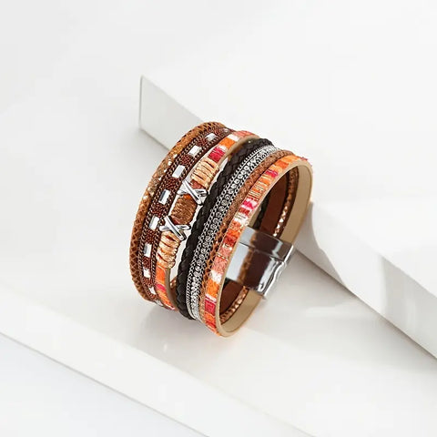 Brown and Orange Fall Color Wide  Braided Multilayer Leather Magnetic Closure Bracelet