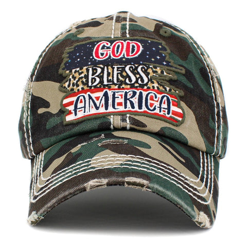 Camo Vintage Distressed "God Bless America" Embroidered Patch Baseball Cap