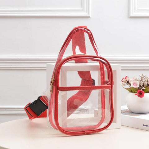 Red Trimmed Clear Body Leather Crossbody Sling Bag