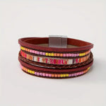 Maroon Multi-color Leather Bracelet With Magnetic Buckle Multi-layer Wrap Bracelet