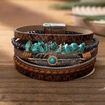 Brown Turquois Western Style Wide Braided Multilayer Leather Magnetic Closure Bracelet