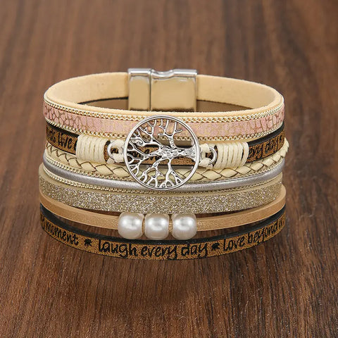 Cream Tree Of Life Style Ultra Wide Multilayer Magnetic Closure Bracelet