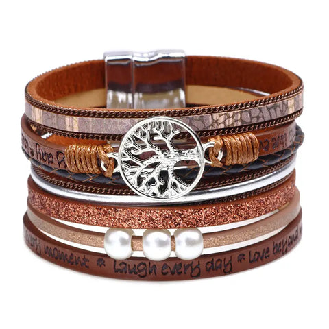 Brown Tree Of Life Style Ultra Wide Multilayer Magnetic Closure Bracelet
