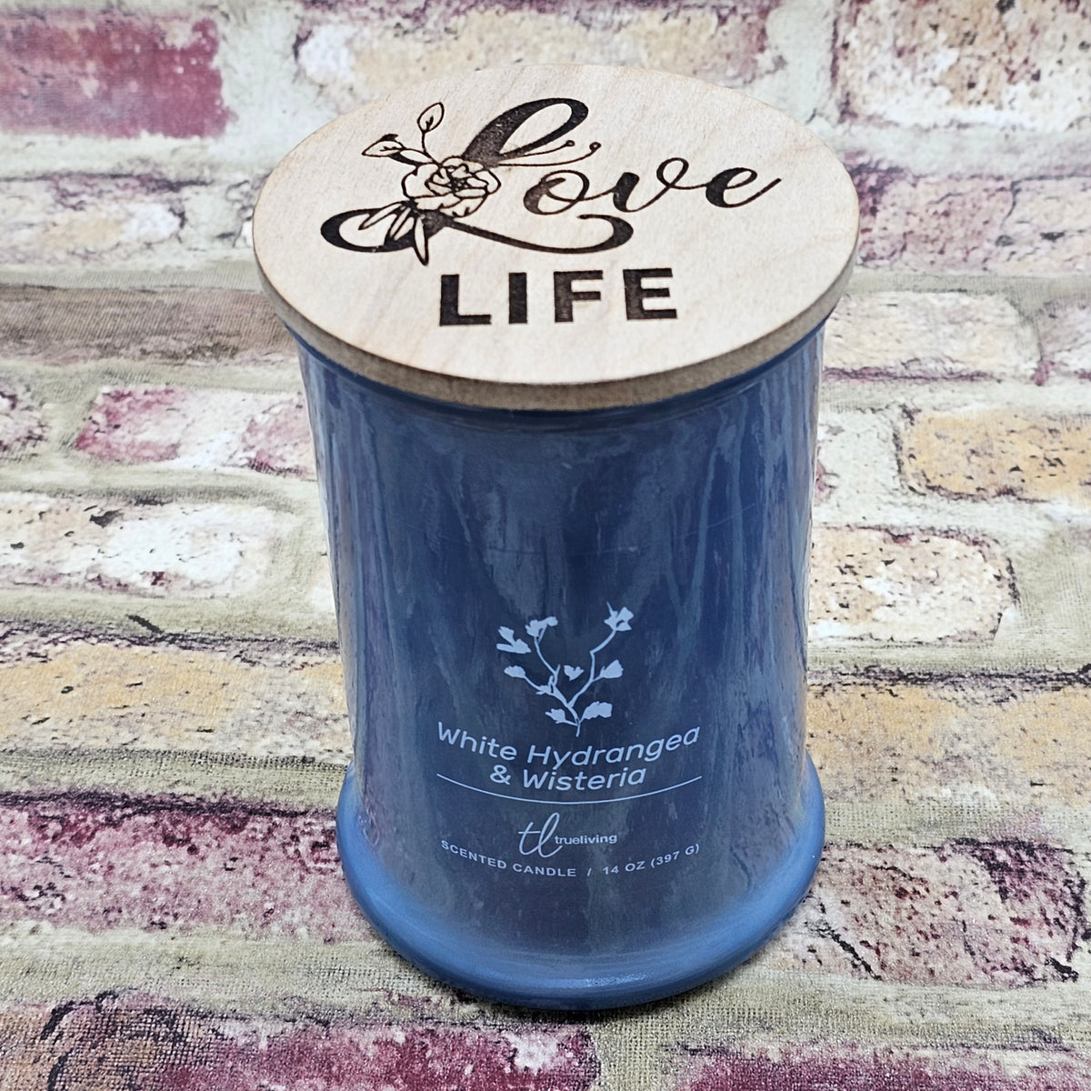White Hydrangea & Wisteria Soy Candle Lasered "Love Life" Message 14 o