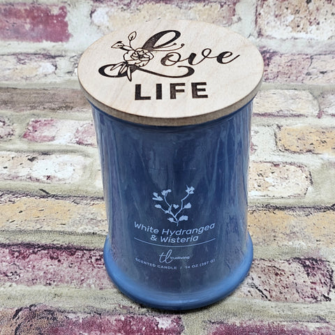 White Hydrangea & Wisteria Soy Candle Lasered "Love Life" Message 14 oz