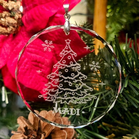 Personalized Christmas Tree Engraved Beleveled Glass Ornament 3"