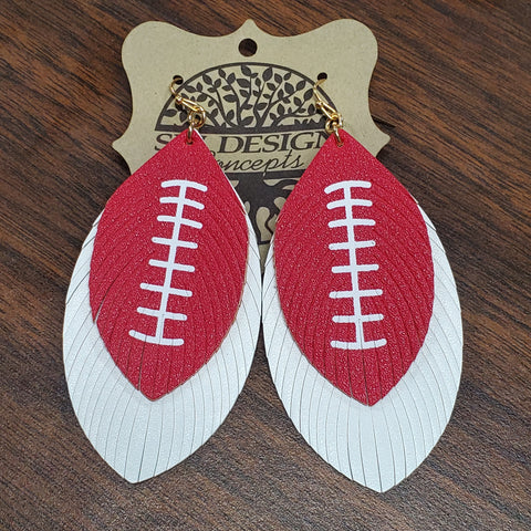 Red & White Long Faux Leather Football Earrings Featuring Feathered Accents