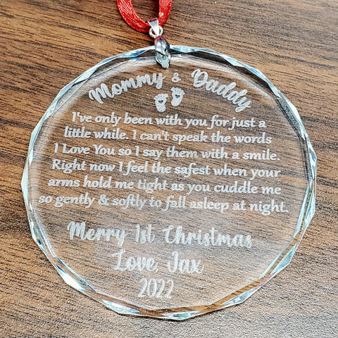 Mom and Dad 1st Christmas Engraved Beleveled Glass Ornament 3"