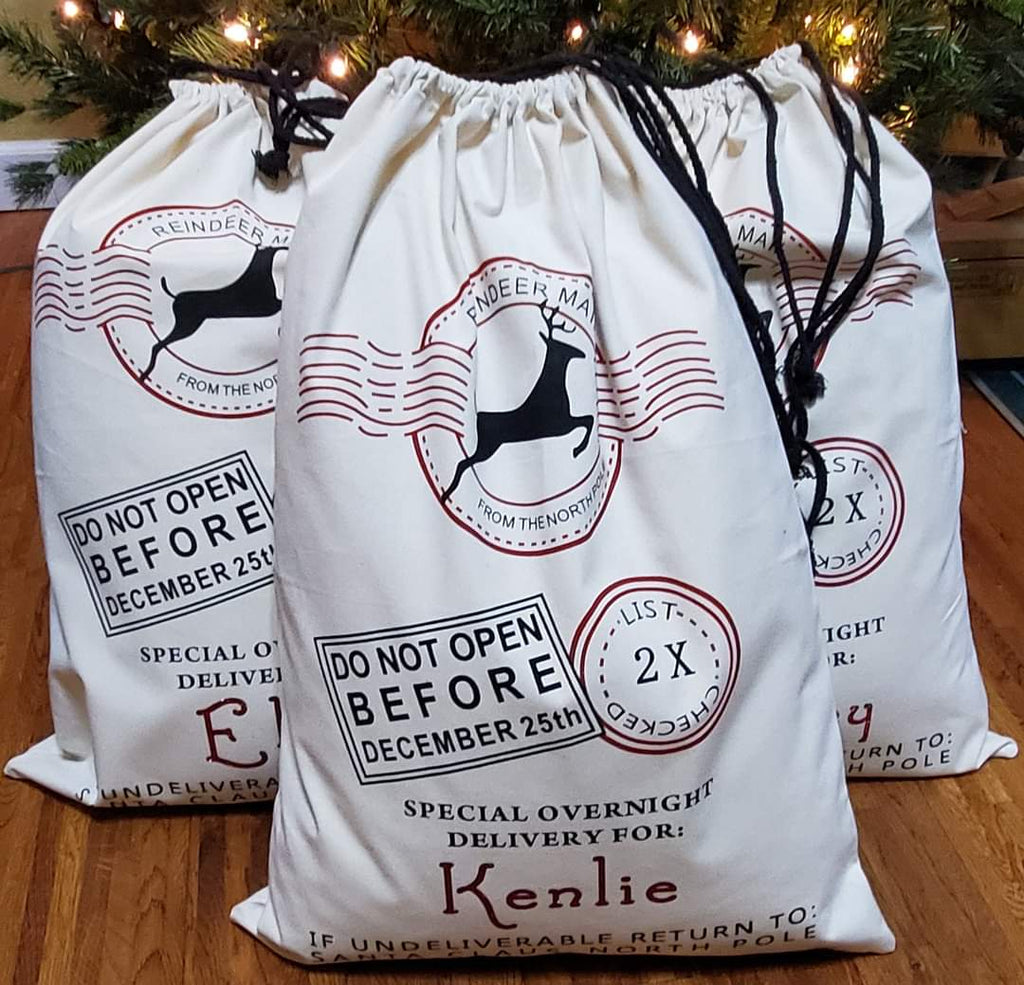 Draw String Sw PERSONALIZED (WITH NAME) Christmas Gift Bag Big Santa Bag Cotton with ...