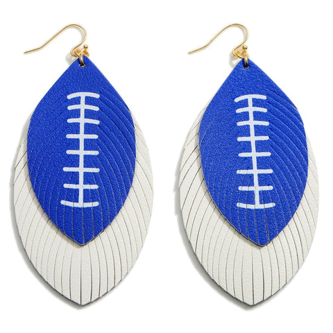 Blue & White Long Faux Leather Football Earrings Featuring Feathered Accents