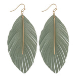 Mint Long Feather Fabric Earrings with Metal Accent